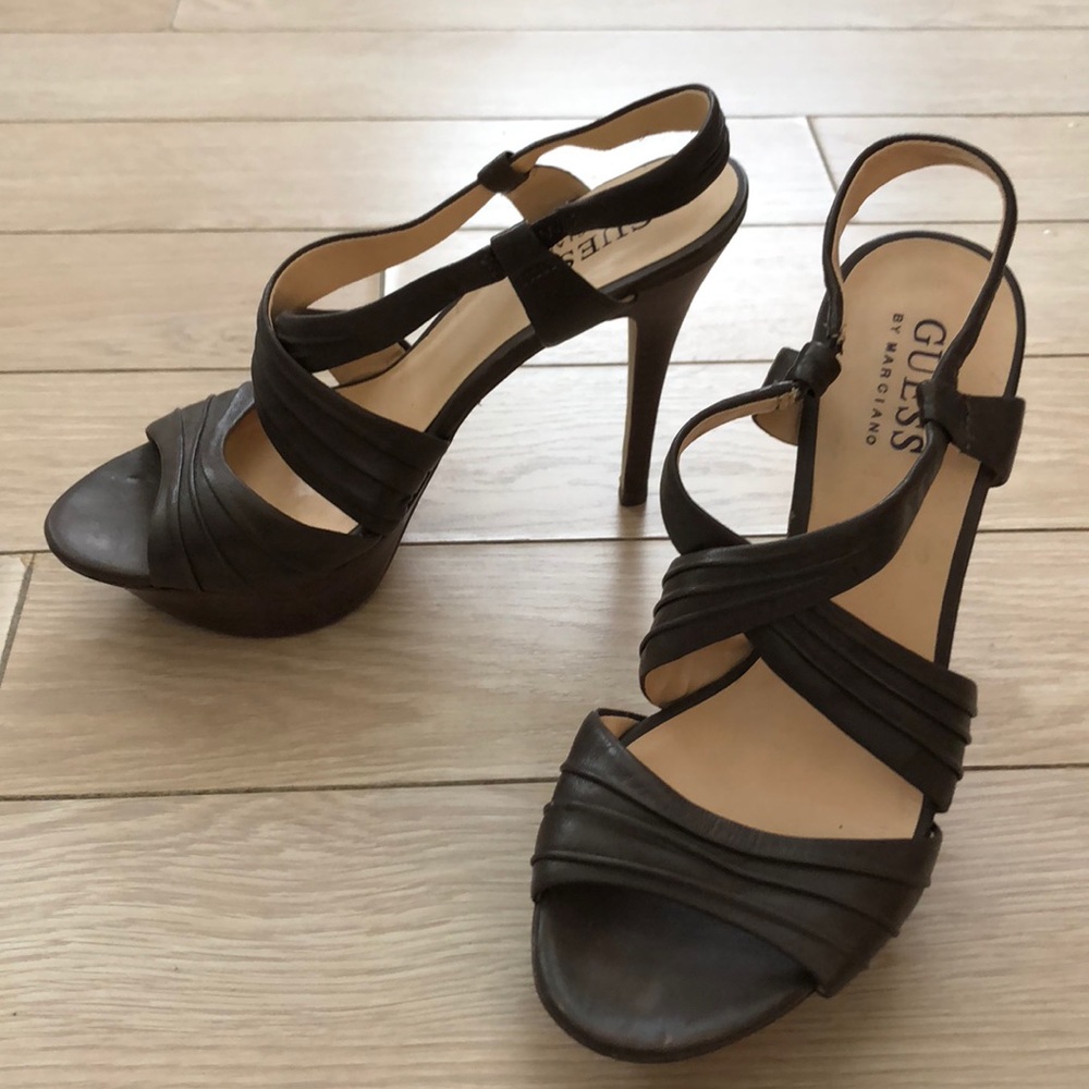 Guess Brown Leather Straps Heeled Sandals